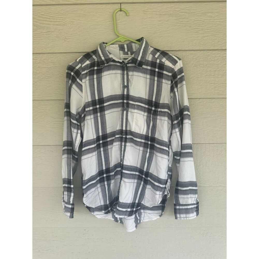 American Eagle Ahh-Mazingly Soft Black White Plaid Boyfriend Flannel Shirt - S
